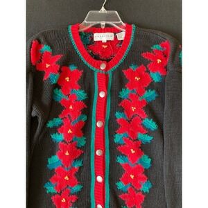 Highgate Ltd Vintage Poinsettia Floral Christmas Cardigan Sweater Black Red L